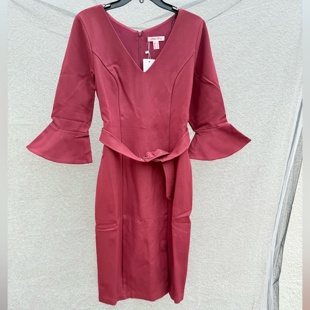 Pink Ruby Burgundy Dress with Bell Sleeves